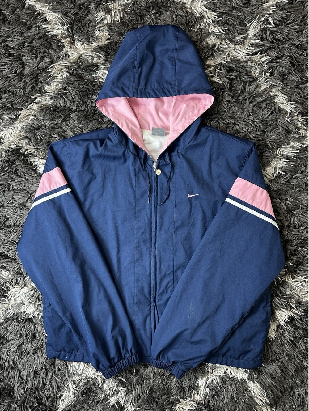 Nike Womens Vintage Windbreaker Jacket Navy Blue Pink Zip Up Hooded XL
